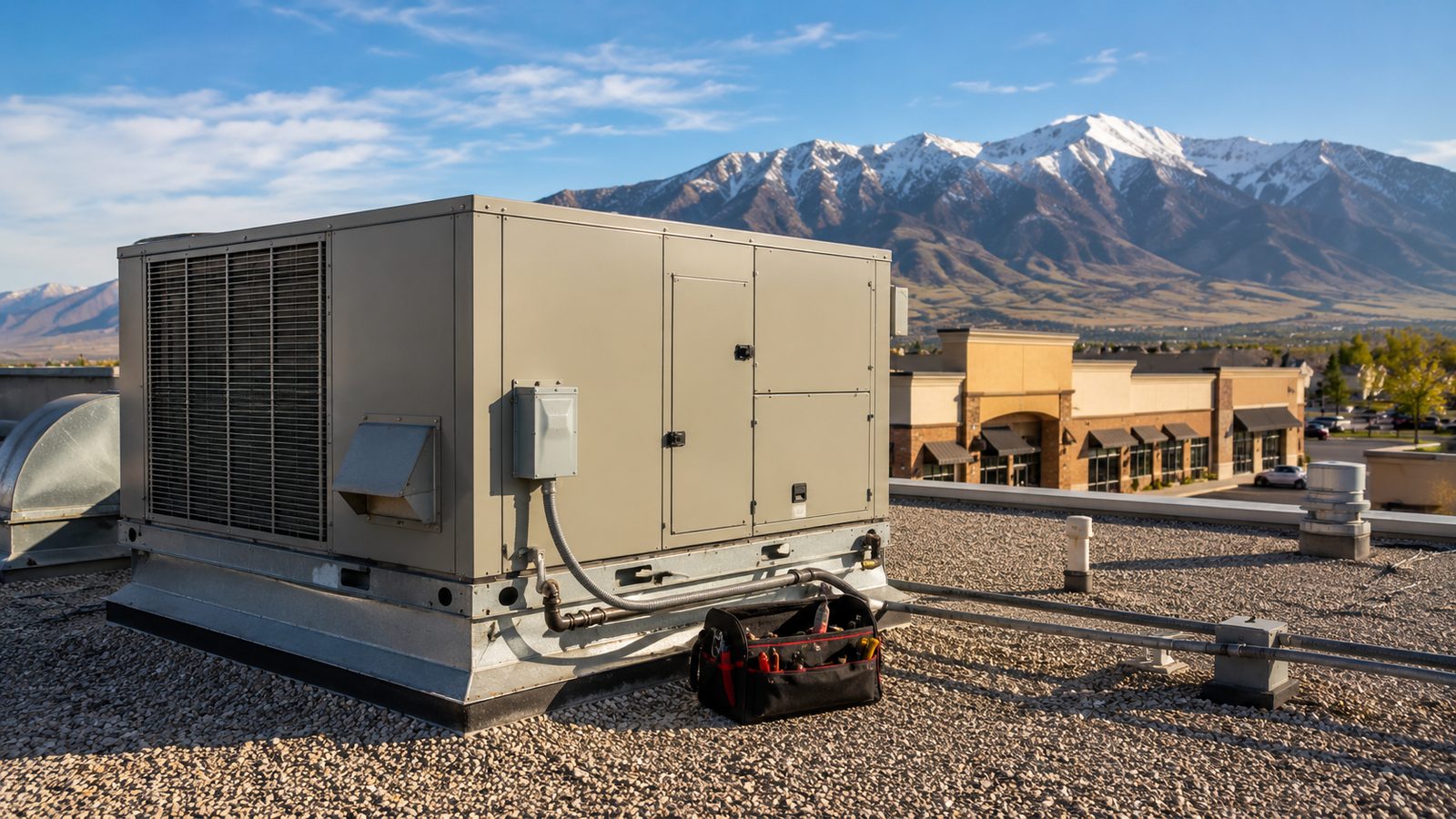 Commercial HVAC in Utah County — Rooftop unit on a small commercial building