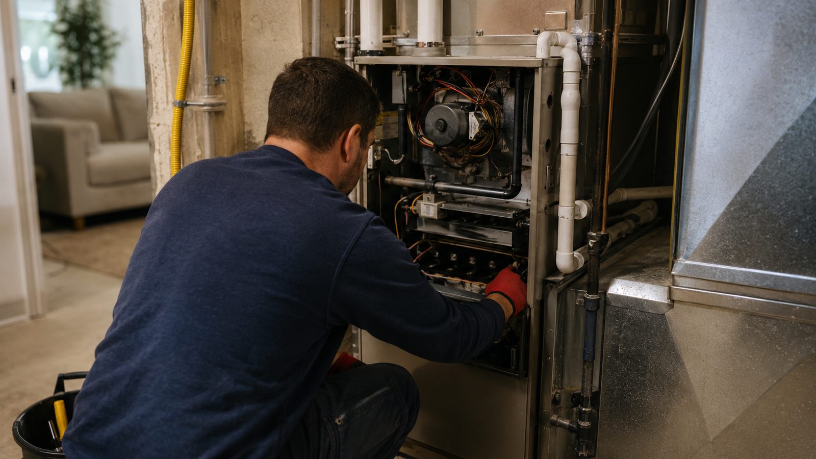 Heating in Utah County — Tech at an open furnace cabinet