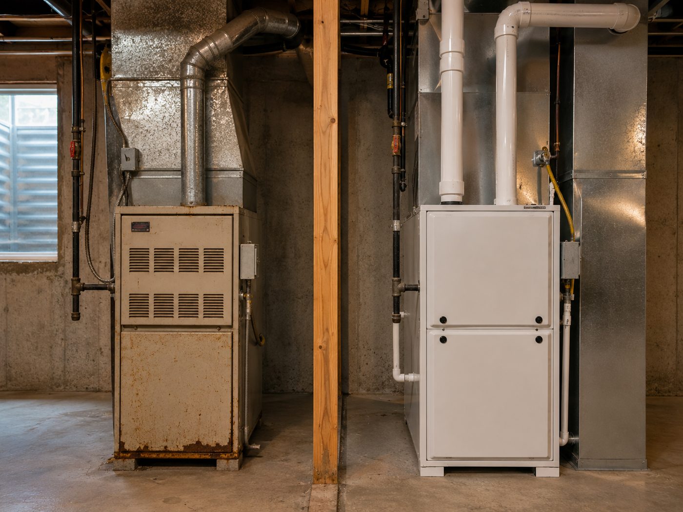 An aging rusted furnace beside a new high-efficiency furnace in the same basement